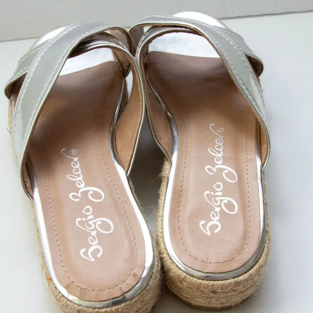 Sergio Zelcer Metallic Silver Chrome Cross Strips Slip On Platform Sandals 10